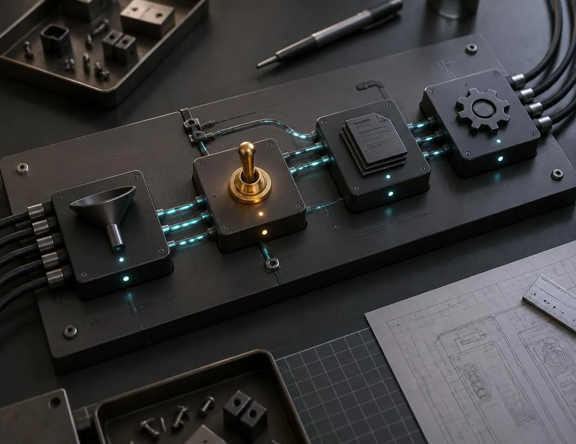 Illustrative workflow integration switchboard with a human approval switch