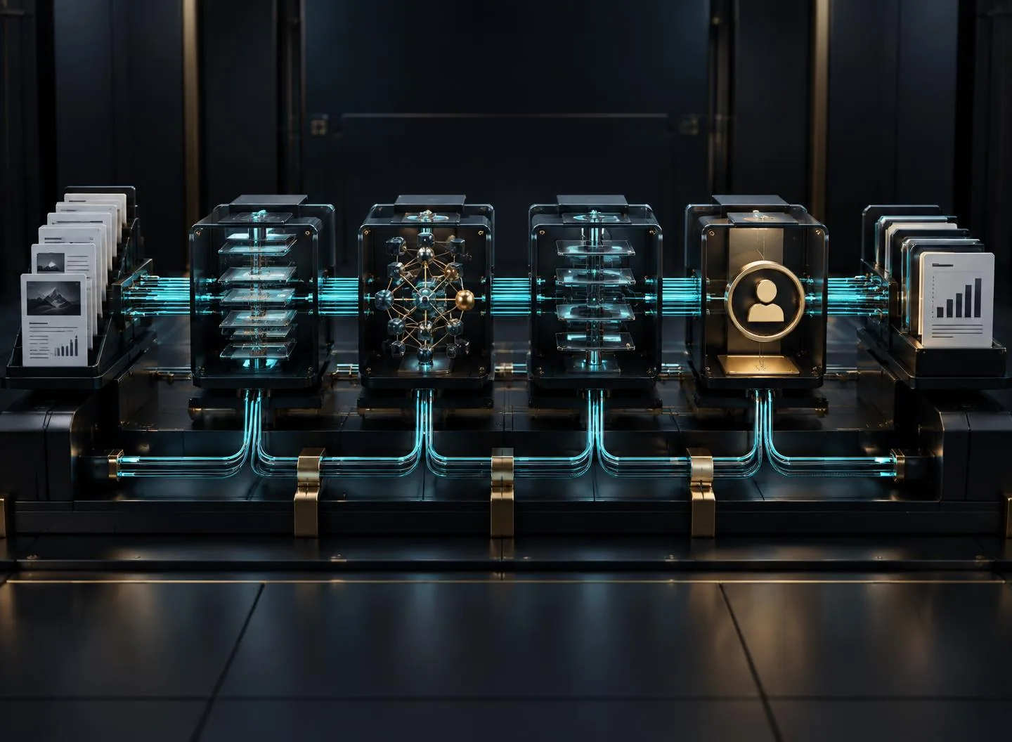 Illustrative modular AI system architecture with signal routes and a human approval checkpoint