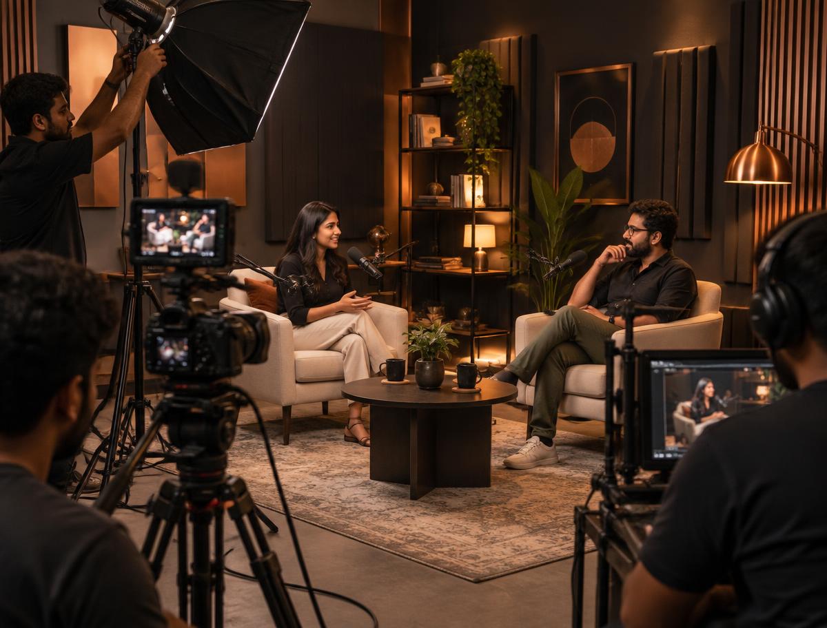 Illustrative podcast and video production scene with cameras, lighting and an interview set