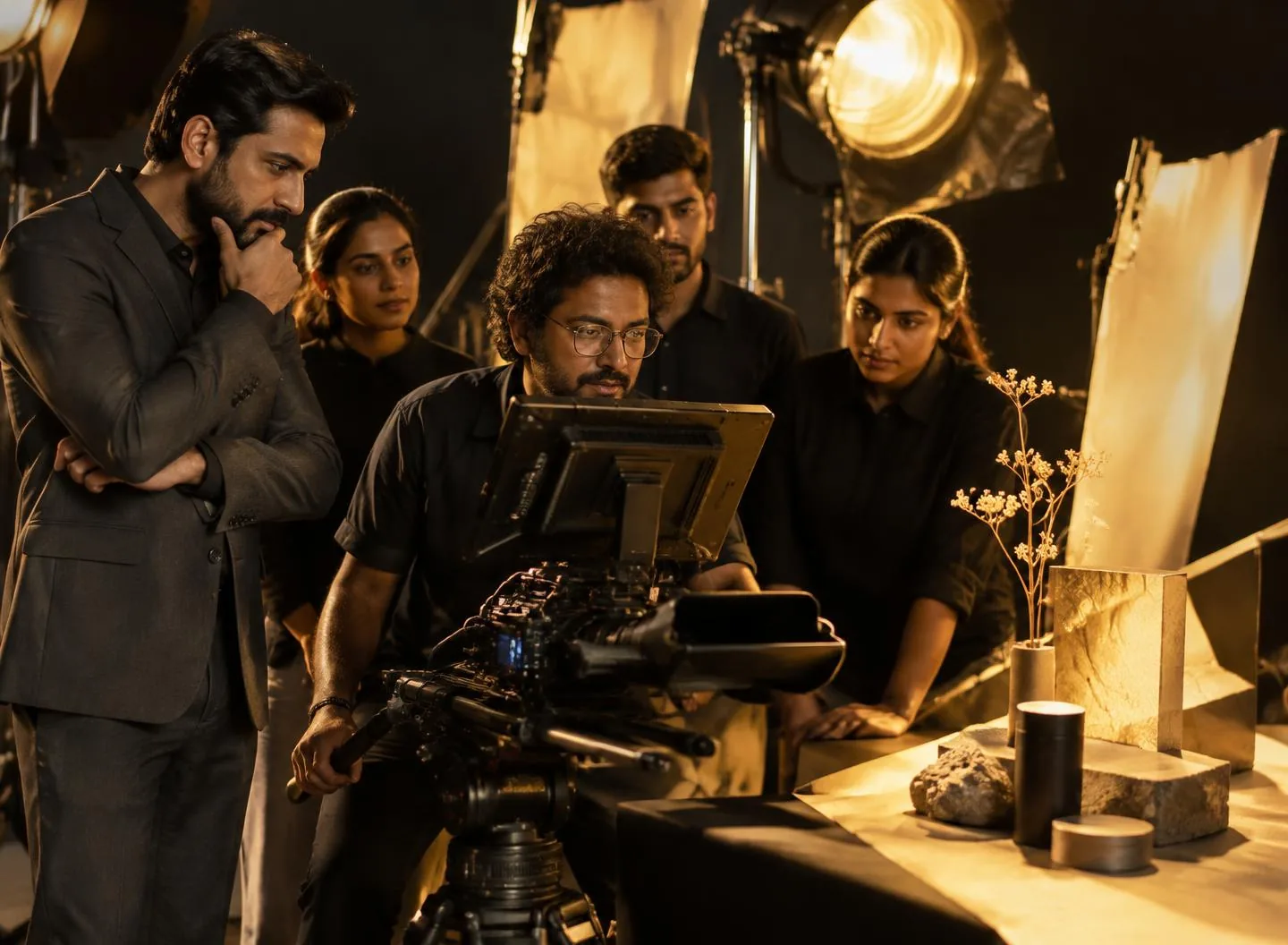 Illustrative Indian commercial production team reviewing an art-directed campaign shoot