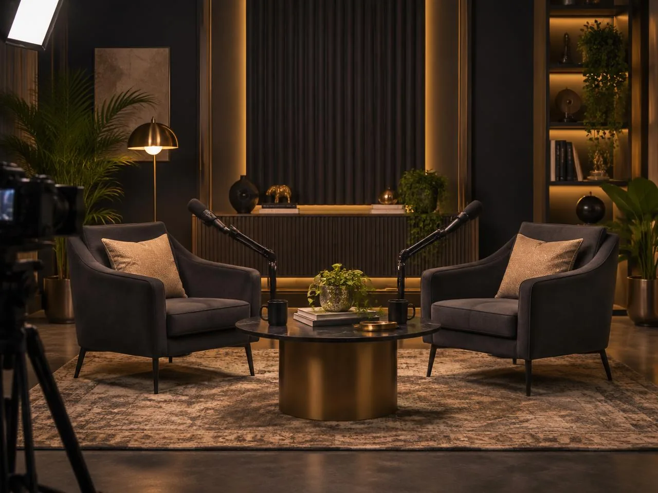 Illustrative podcast and interview studio with microphones, lighting and two conversation chairs
